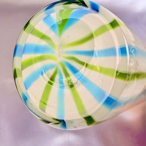 Hand Blown Art Glass Vase 13.5” Blue Green White Ribbon Stripe Murano Style - Picture 6 of 9